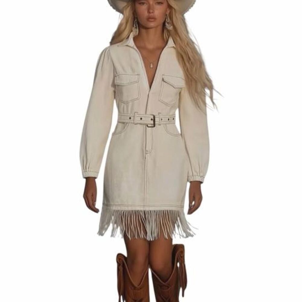 Oyrosy Retro High-end Fashion Tassel Splicing Denim Mini Dress